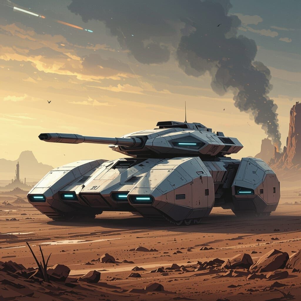 Futuristic Metallic Tank in War-Torn Landscape