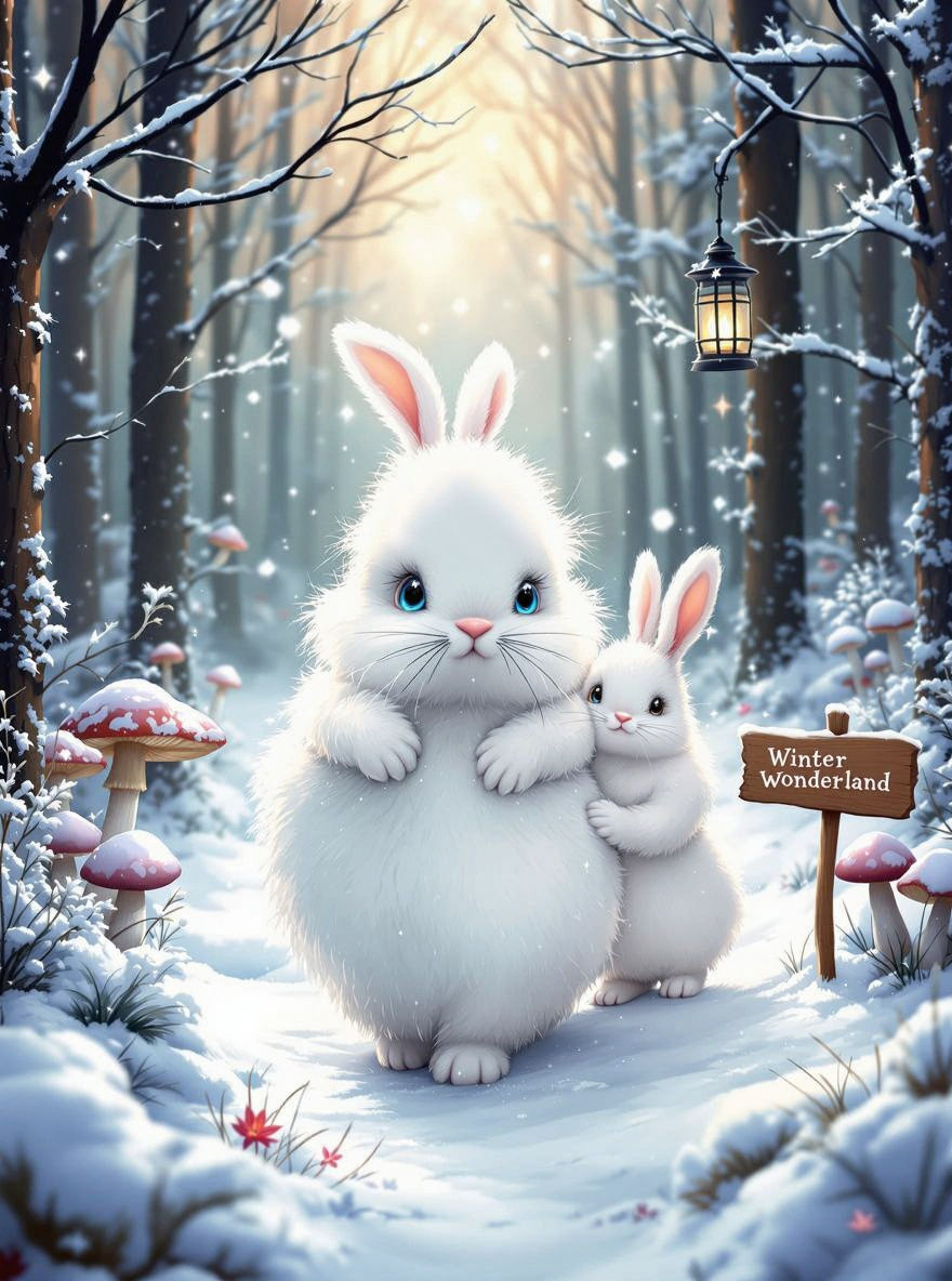 Fluffy Bunny Family in Snowy Forest with Lantern