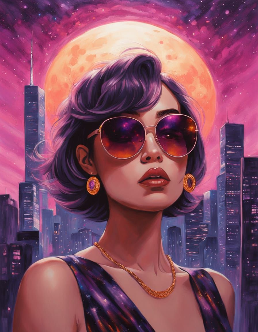 Chic Woman Reflecting Cosmic Cityscape in Kuvshinov Loish St...