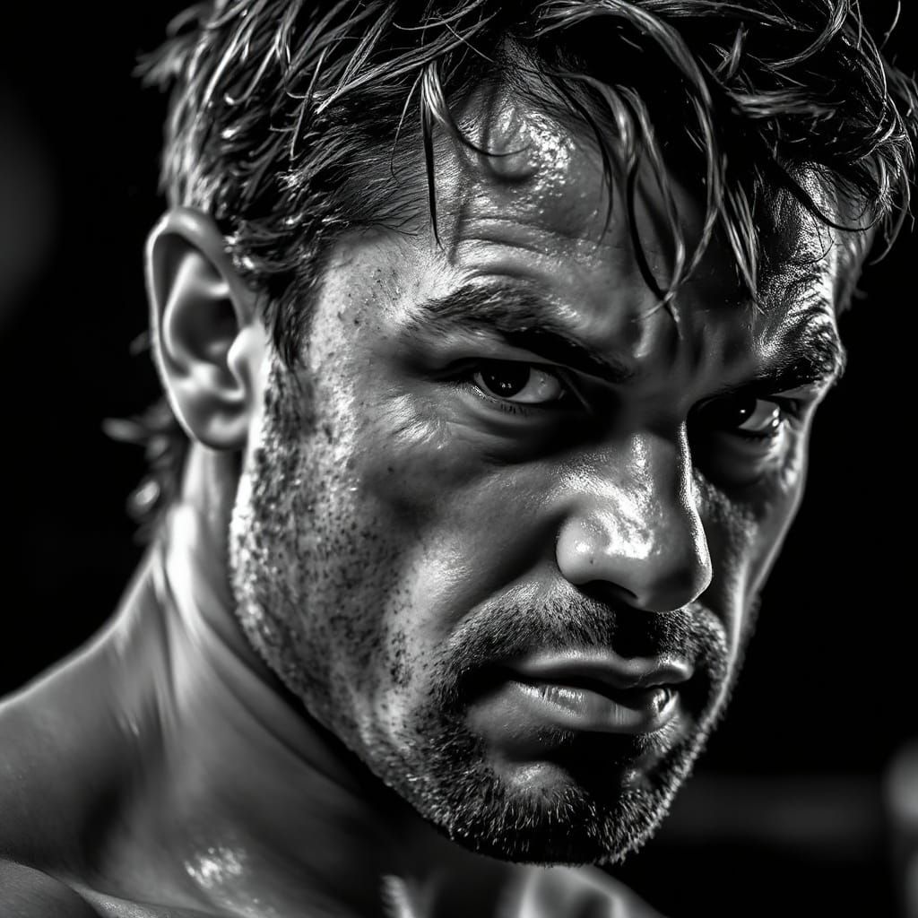 Intense Black and White Portrait of a Fighter