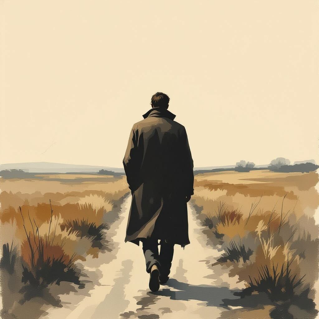 Melancholic Figure Fades in Desolate Landscape