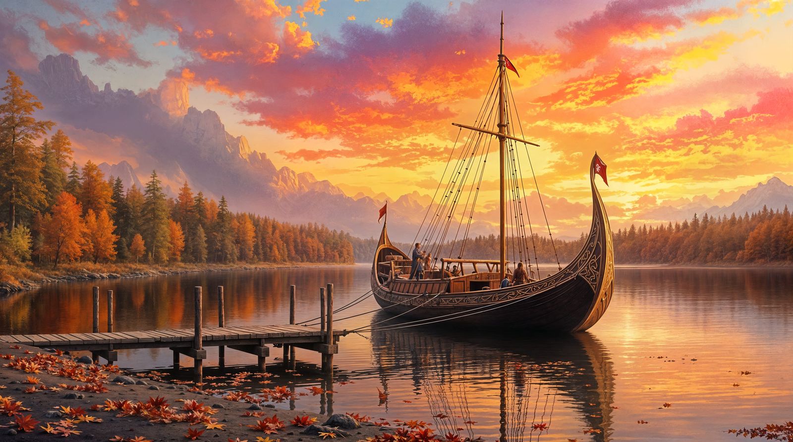 Viking Ship in Autumn Forest at Sunset