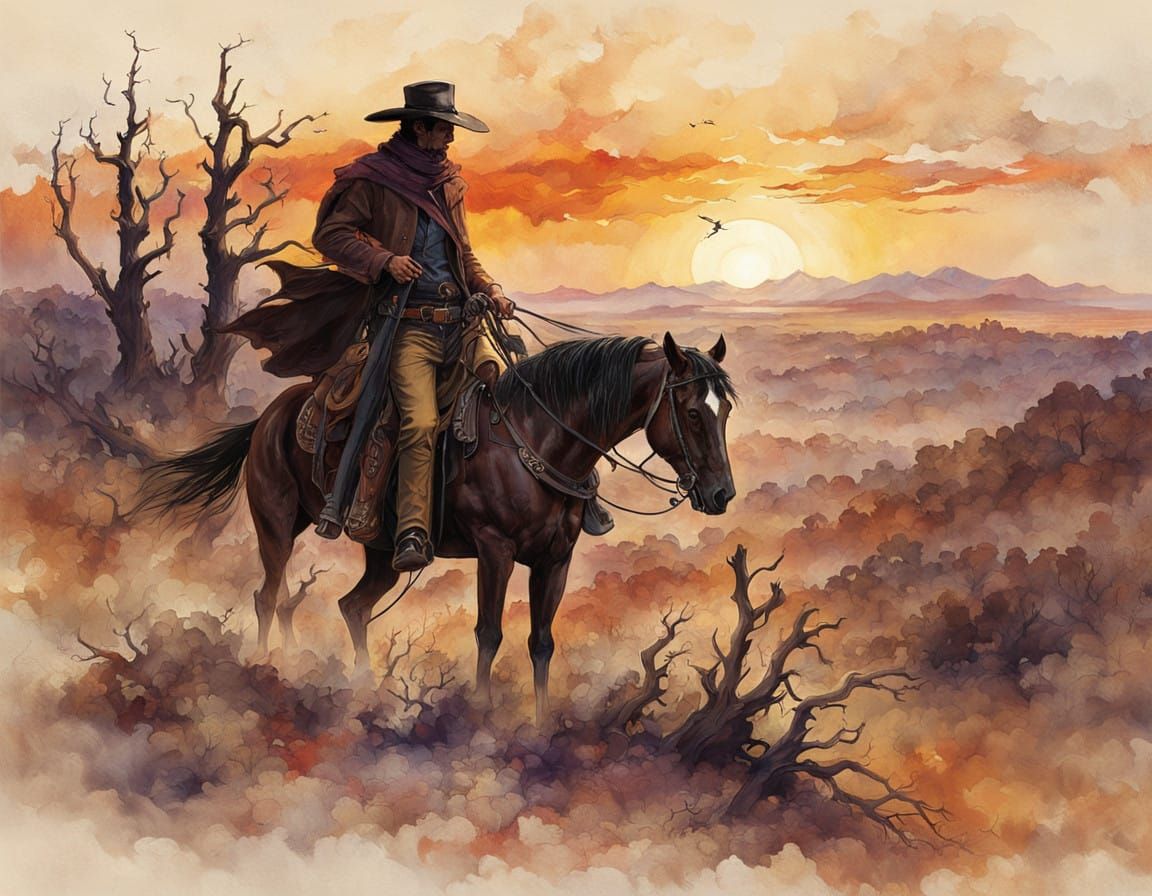 Majestic Cowboy Rides Under Golden Sunset in a Haunting West...