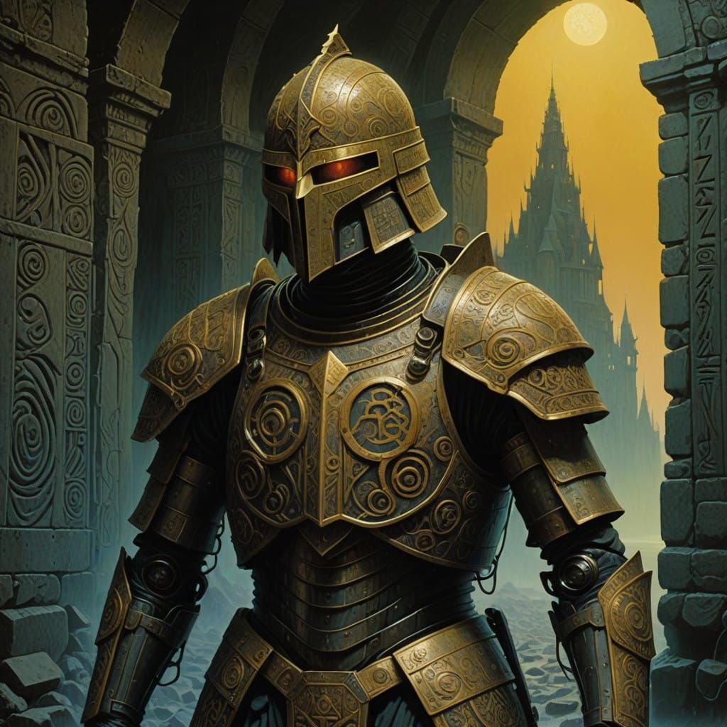 Golden Armor Shines with Ancient Runes in a Dimly Lit Hall