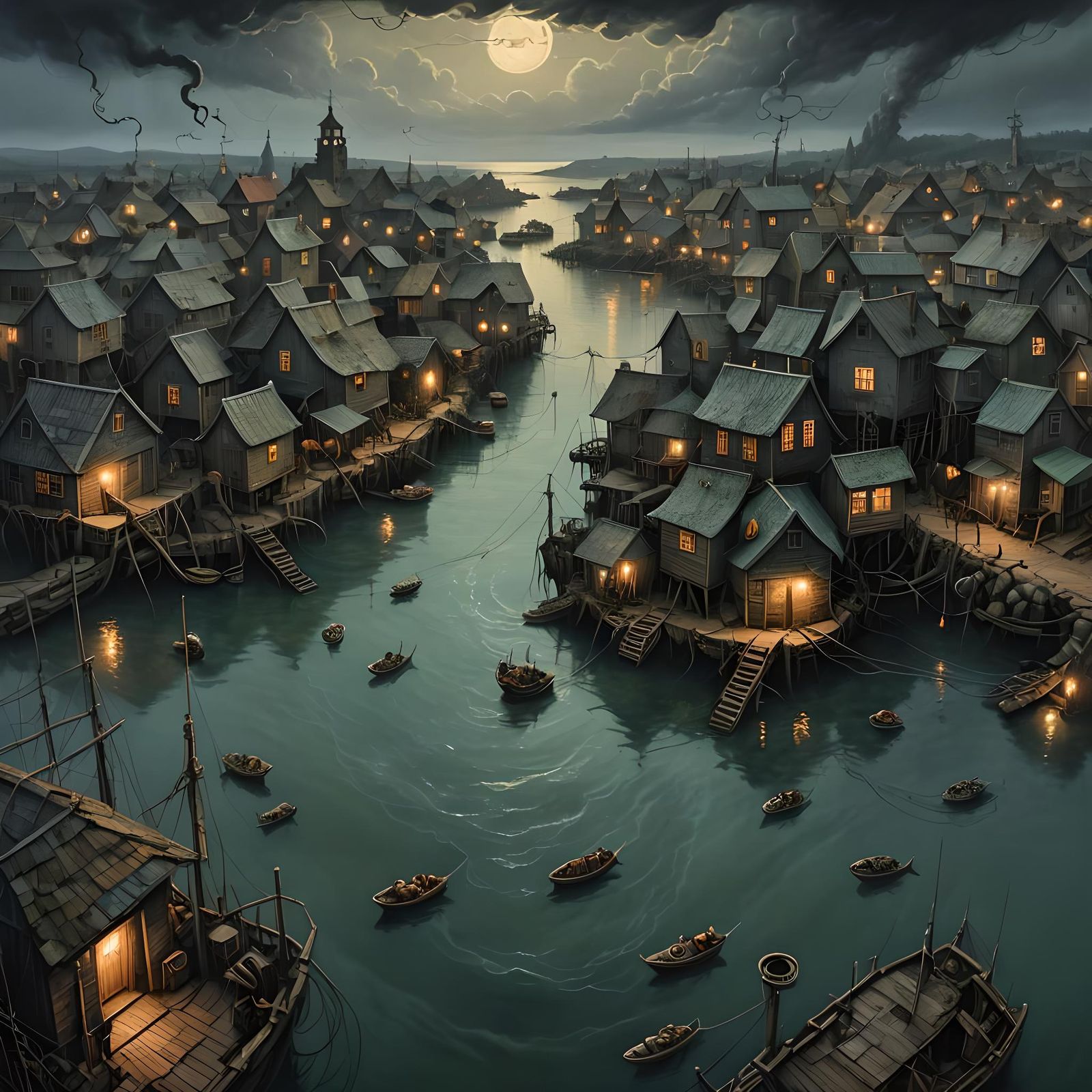Lovecraftian Fishing Village Horror in Oil Painting