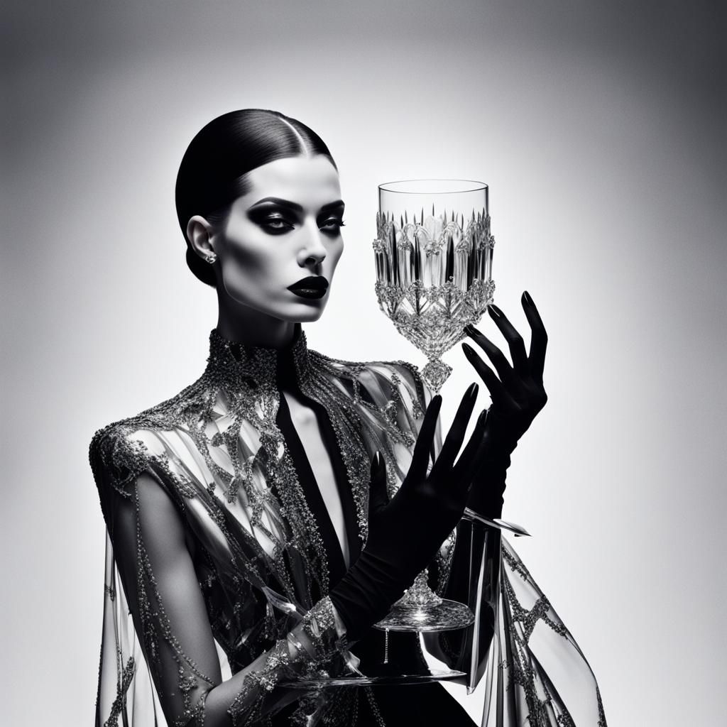 Gothic Vampire Woman Holds Moon in Goblet: Vogue Fashion