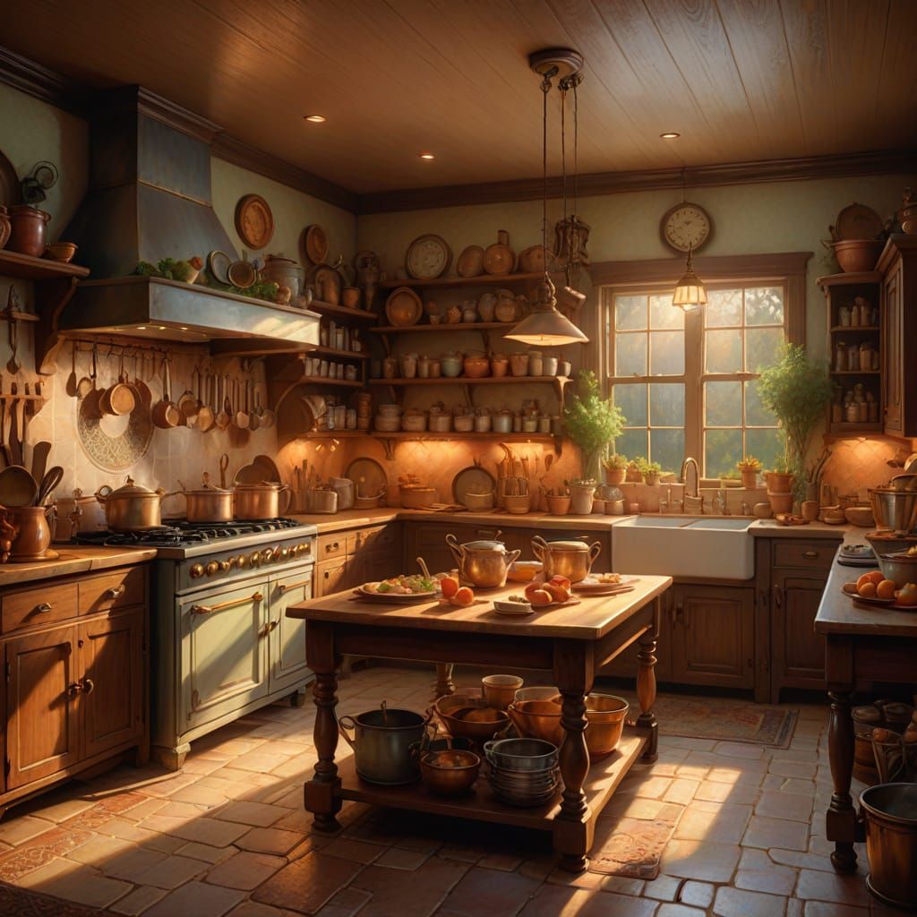 Ethereal Country Kitchen in Thomas Kinkade Style