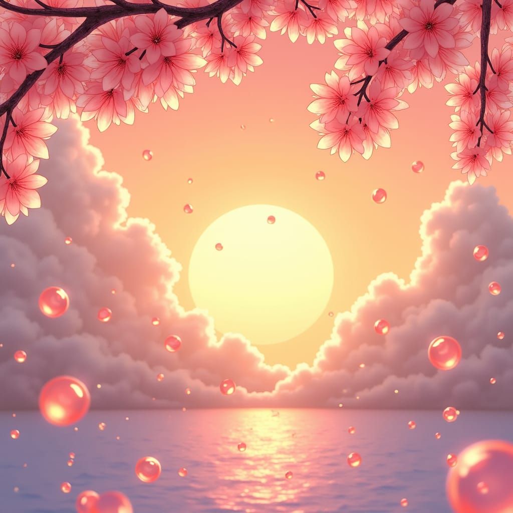 Cherry Blossoms and Bubbles in Sunset Sky