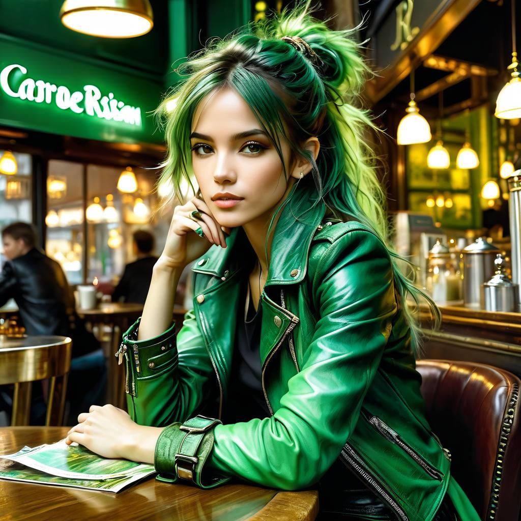 Woman in Green Leather: Anime-Style London Cafe Portrait