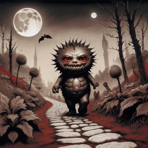 Dark Fantasy Creature Walks to Moon: Risograph Art