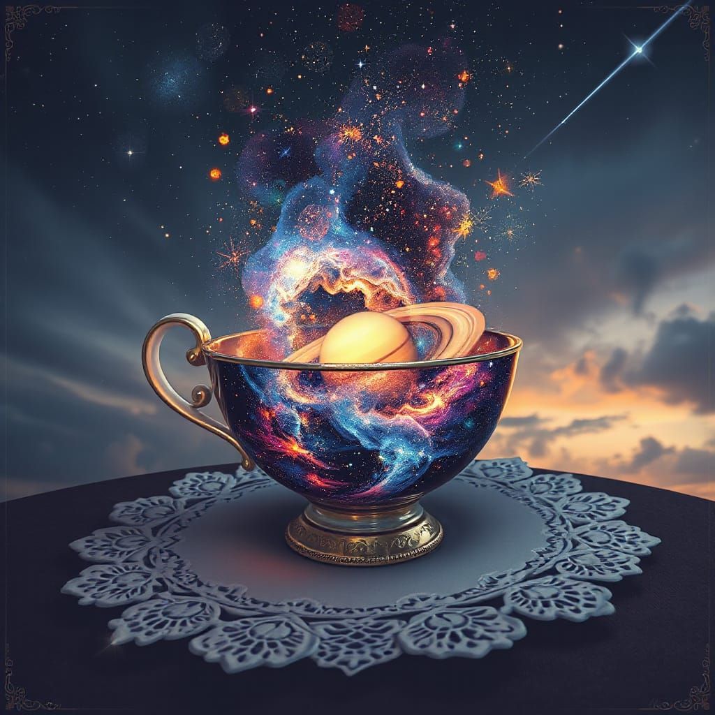 Whimsical Teacup Galaxy Art in Dreamy Digital Style