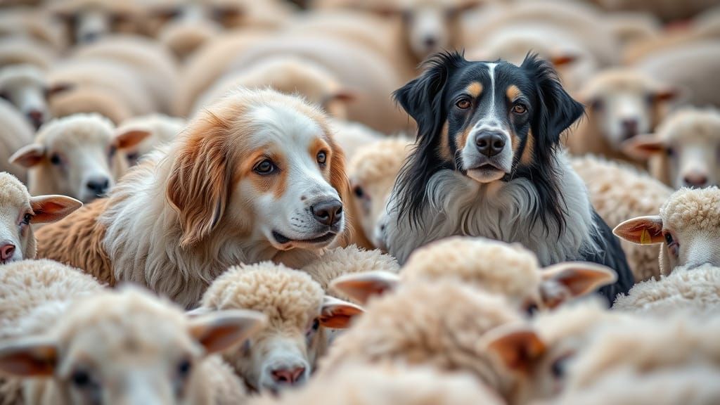 Sheep Dogs Guard Flock in the Fields