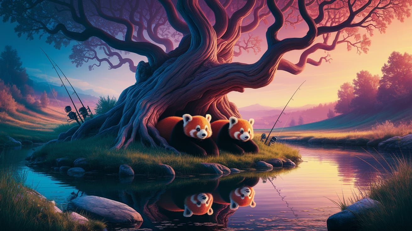Red Pandas by Pond in Ethereal Digital Painting