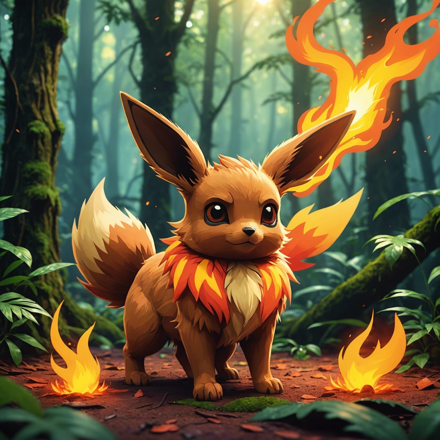 Fiery Eevee Pokemon in Rainforest, 8K
