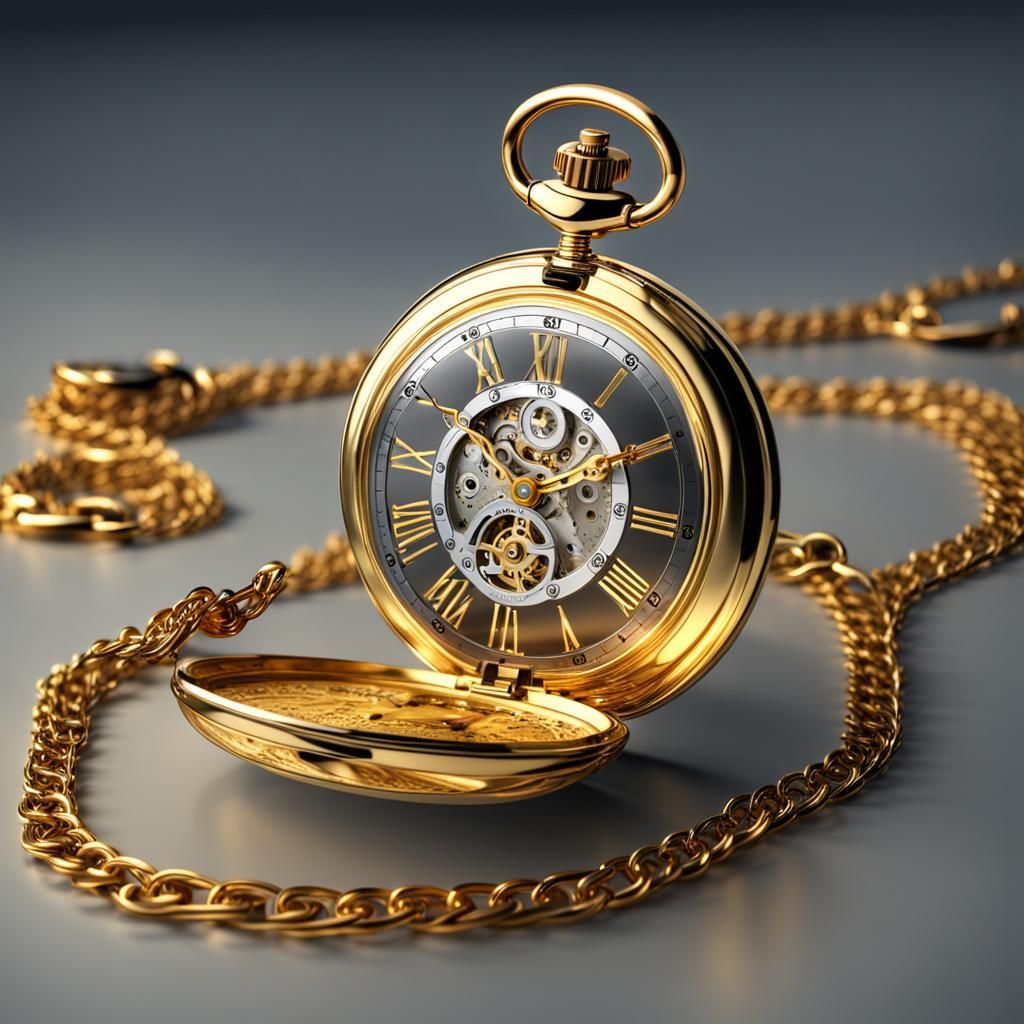 Golden Pocket Watch Displaying a Surreal Future