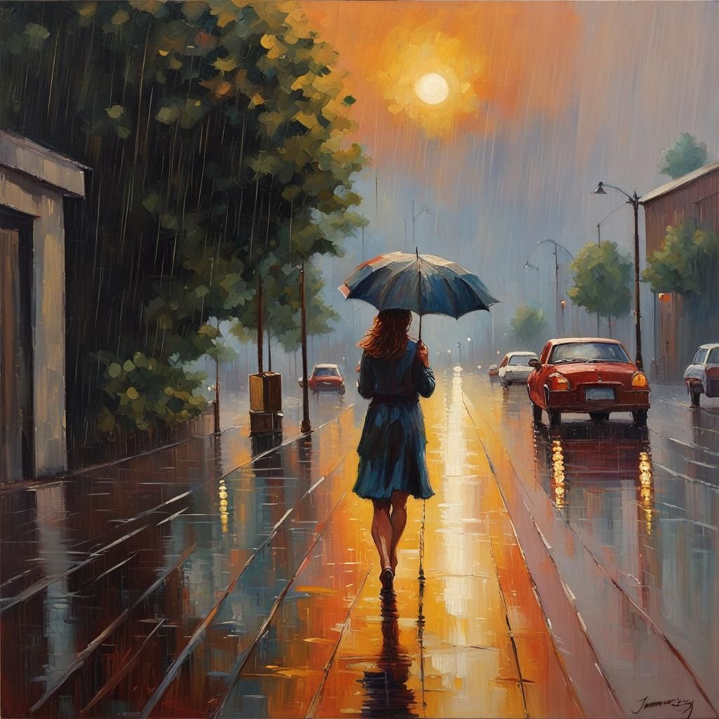 Woman Walking in Rainy Sunset Oil Painting