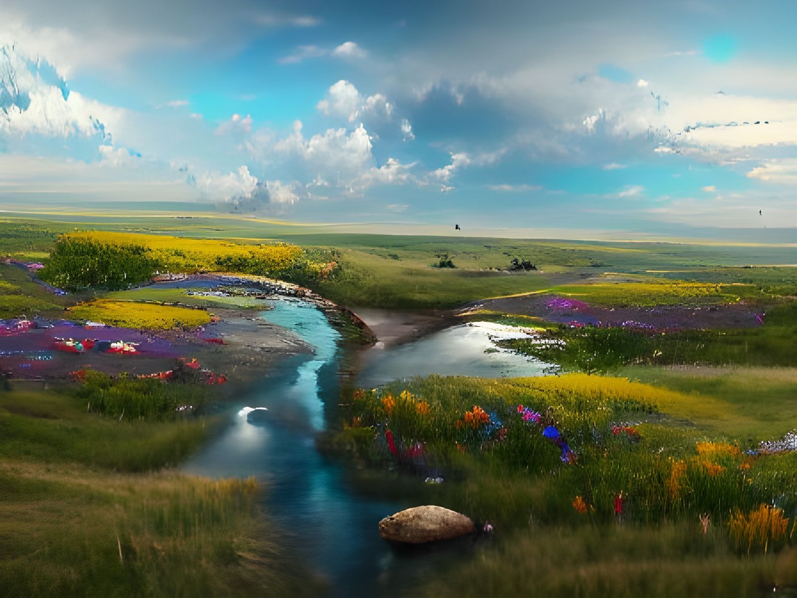 Vibrant Wildflower Meadow with River in 3D
