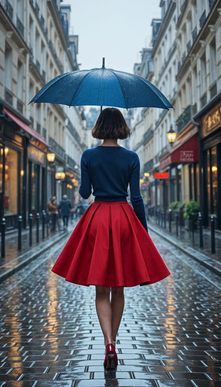 Woman in Blue Sweater on Rainy Paris Street
