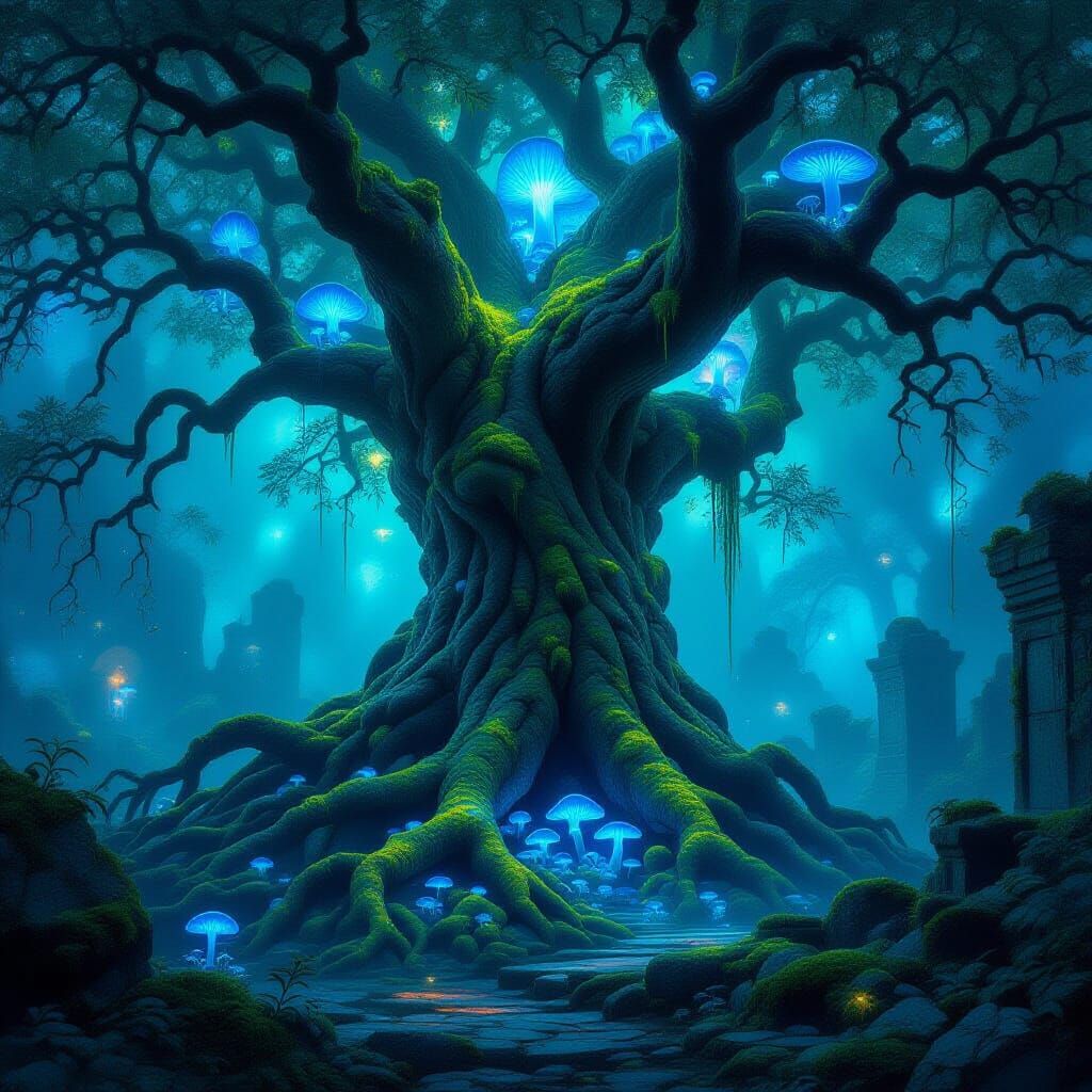 Ancient Tree Roots Entwined With Ruins in Bioluminescent For...