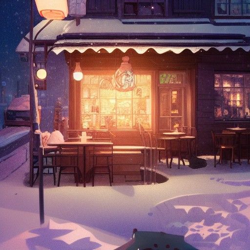 Charming Snowy Cafe at Night in Anime Style