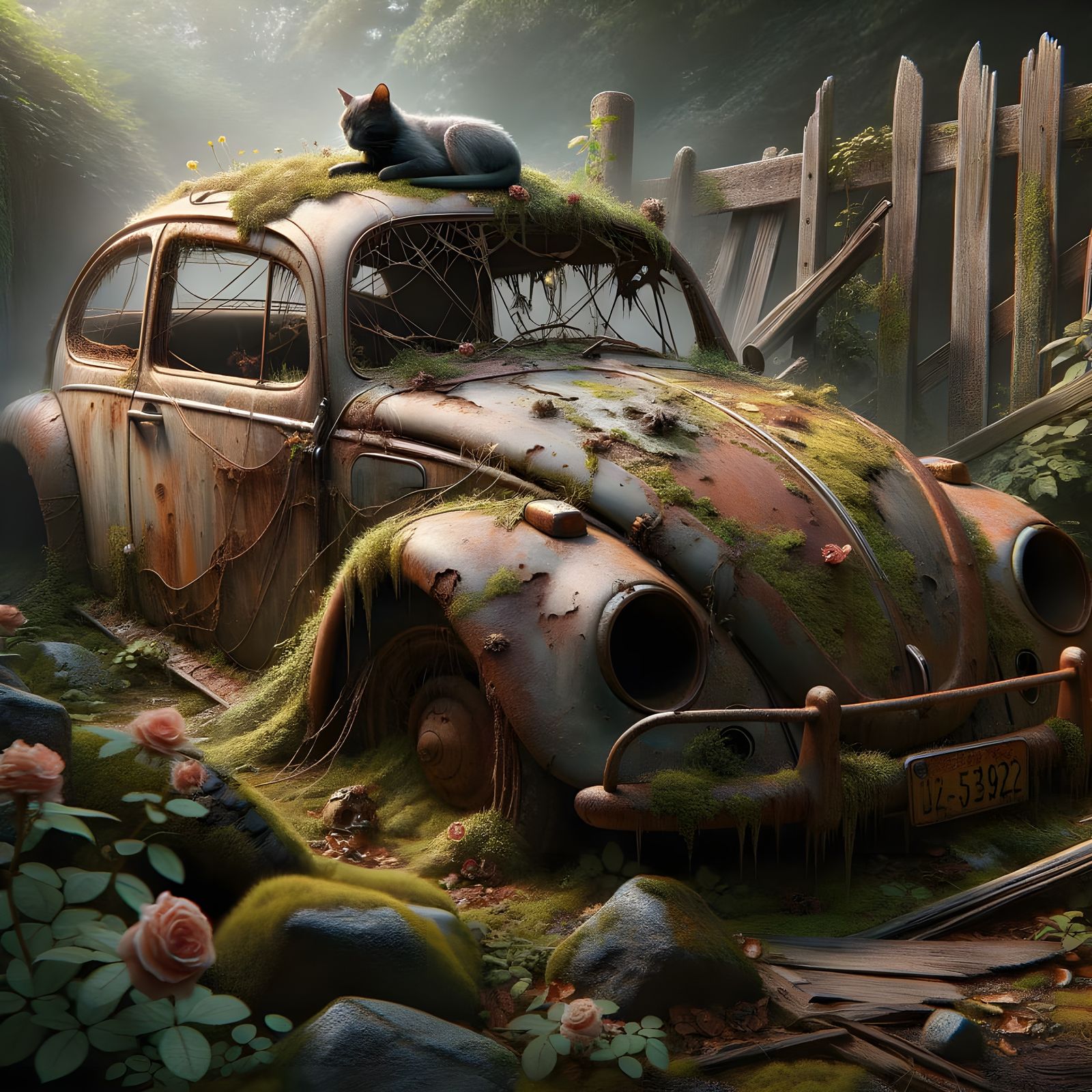 Abandoned VW Bug Entwined with Vines and Roses