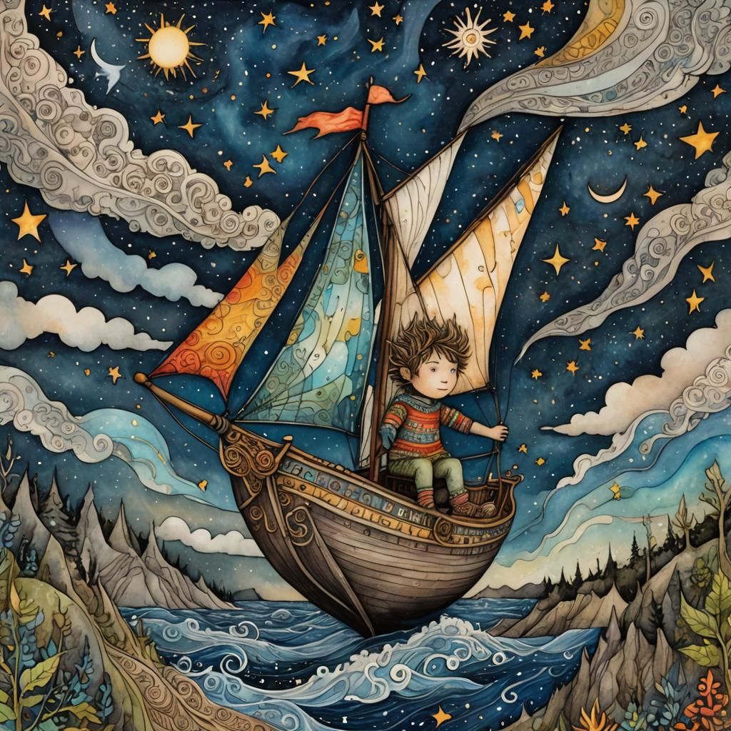 Boy Sails Sky-Boat on Star Trail: Folk Art