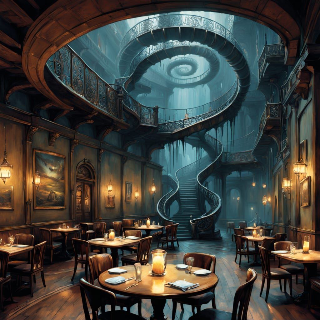 Cozy Restaurant Scene with Golden Hues and Ethereal Dance