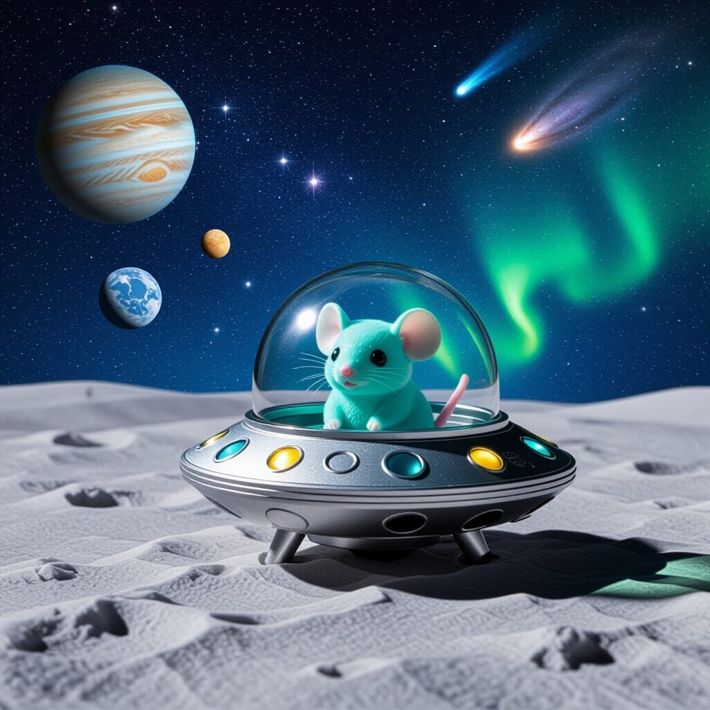 Miniature Alien Spaceship with Chibi Mouse on Moon Surface