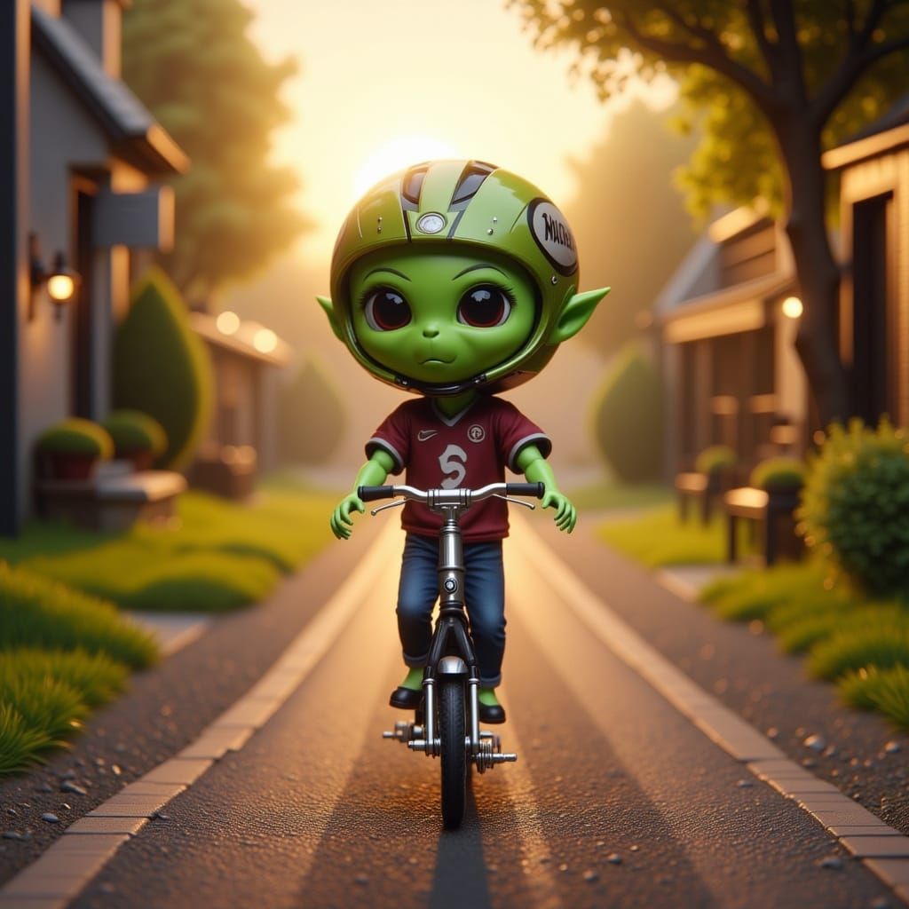 Alien Robot Boy Rides Scooter Down Village Path