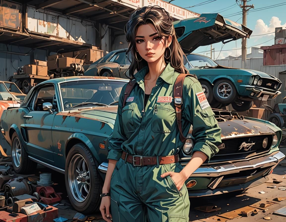 Anime Style Latina Mechanic with Mustang GT