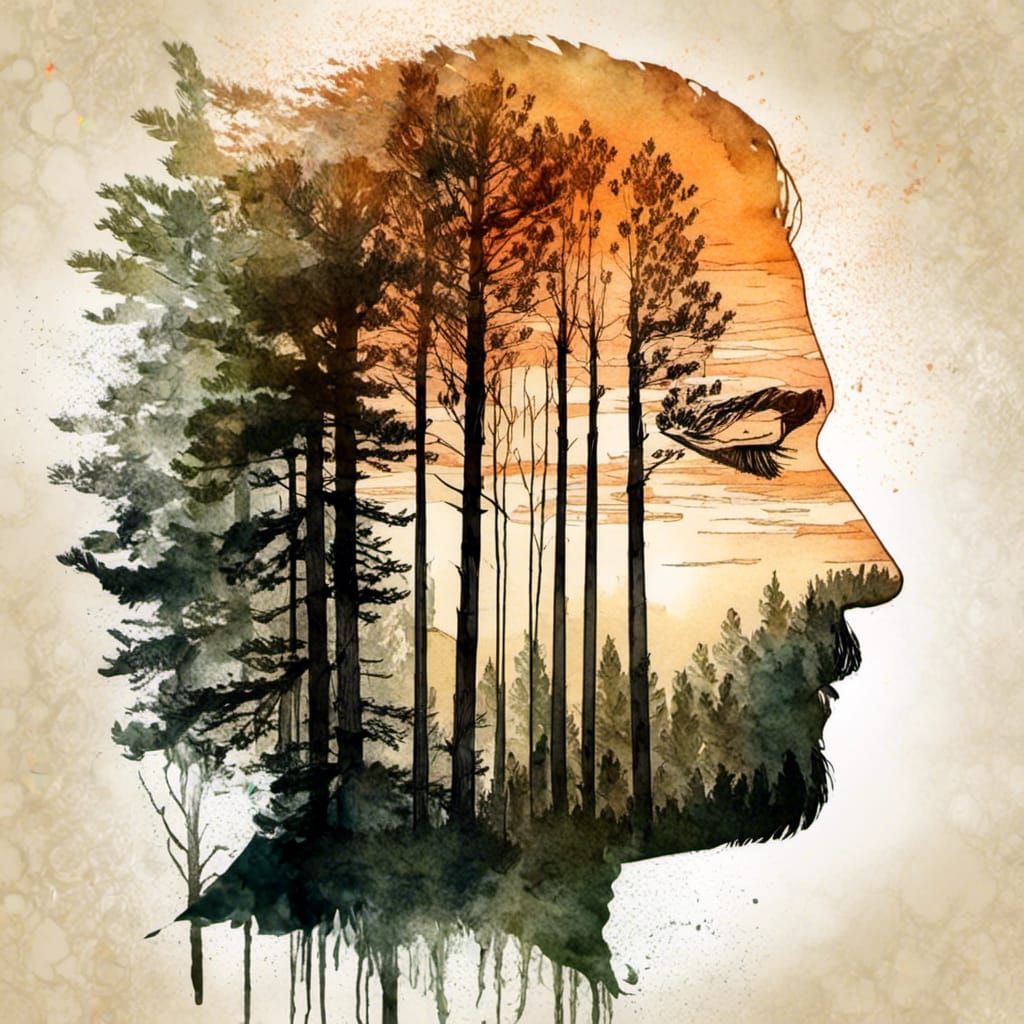 Forest Head Sunset in Double Exposure Watercolor