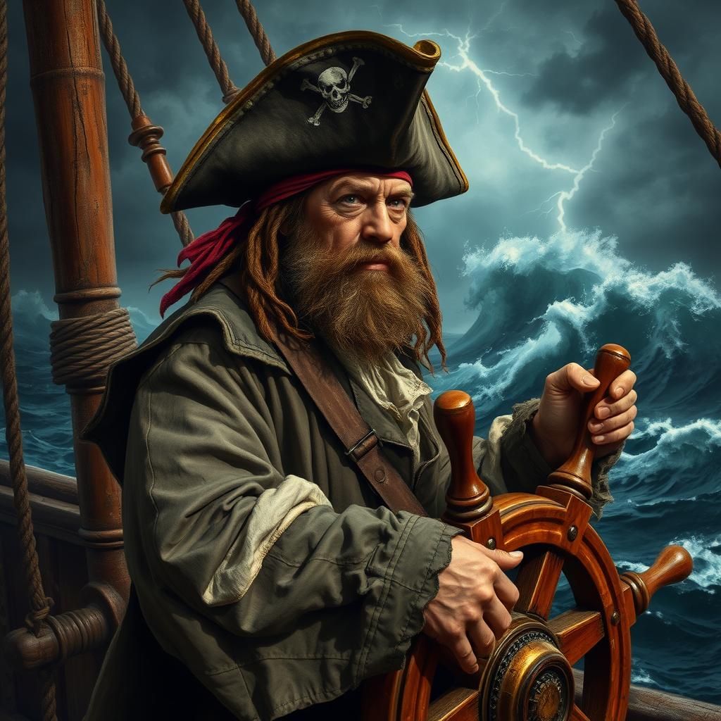 Pirate Captain Amidst Stormy Seas: A Classical Seascape