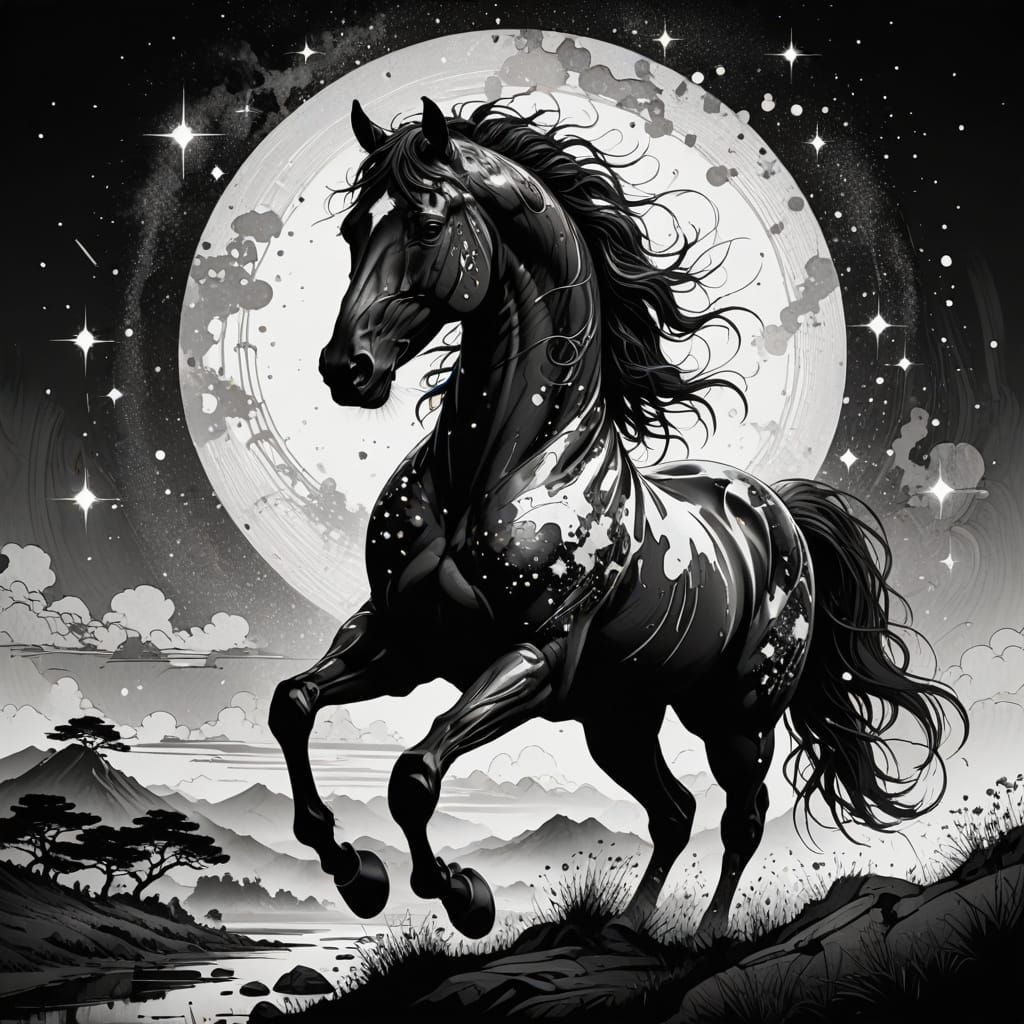 Ethereal Horse in Klimt Style with Starry Sky