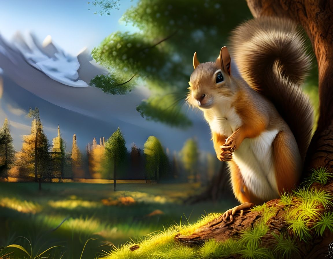 Majestic Squirrel Portrait with Treehouse, Hyperrealistic St...