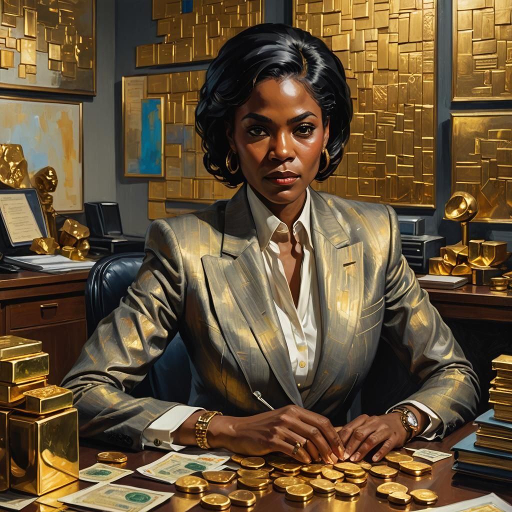 Regal Woman Holding Gold Ingots, Digital Art