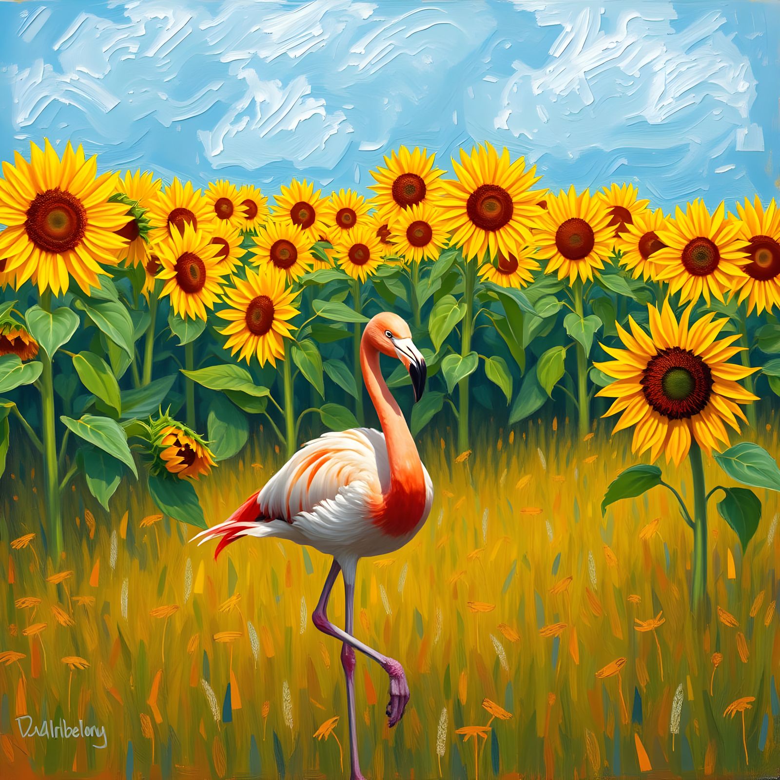 Flamingo in Sunflower Field: Impressionist Oil Painting