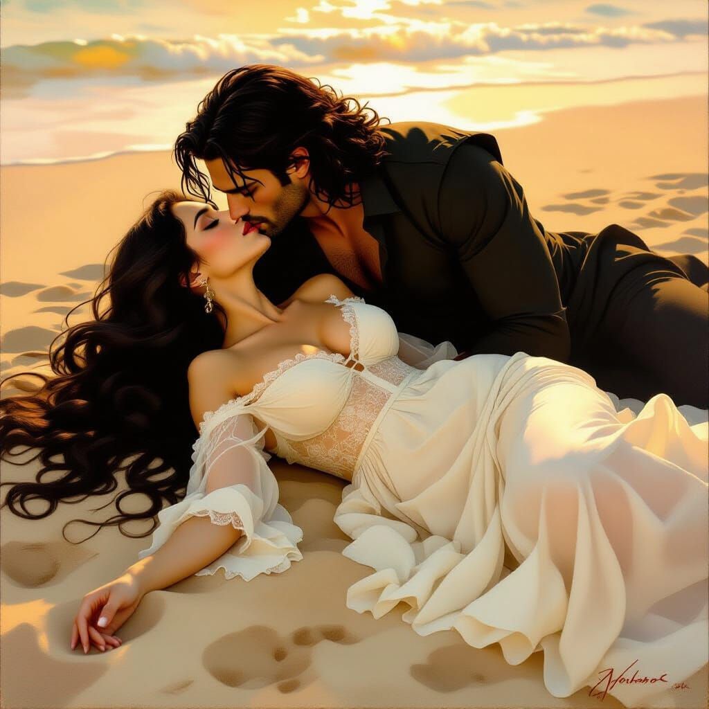 Romantic Sunset Oil Painting of Woman and Wolfmate