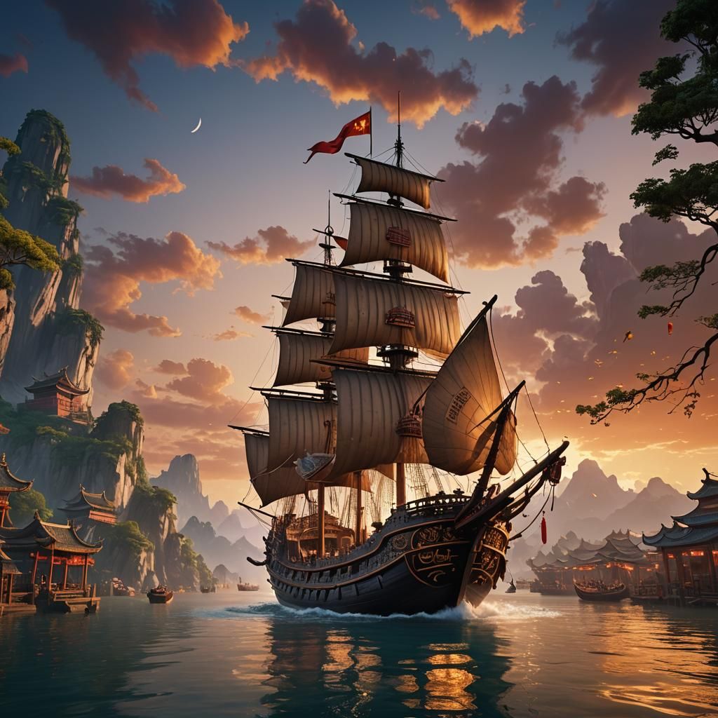 Chinese Junk at Sunset: Detailed Matte Painting