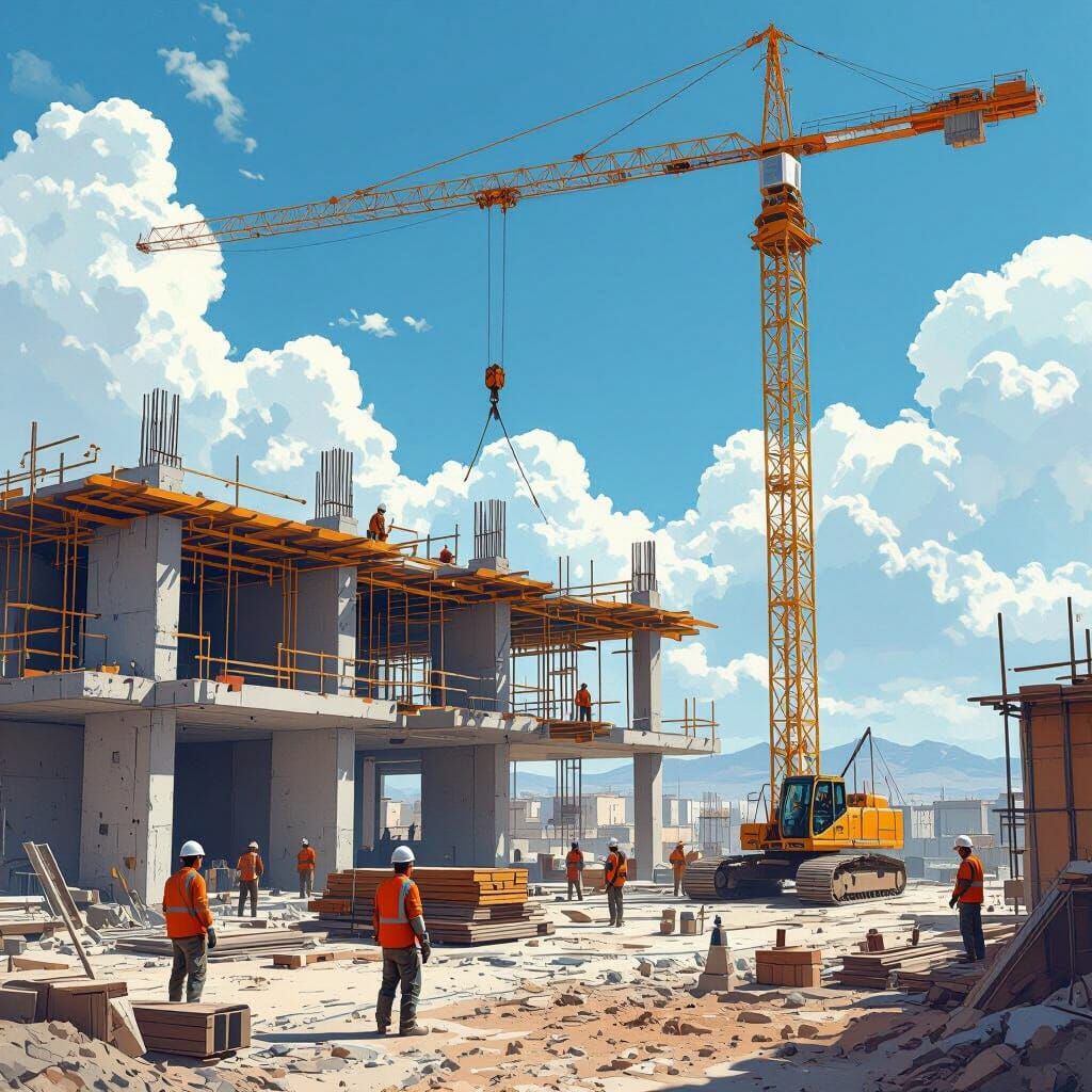 Construction Site With Crane and Workers