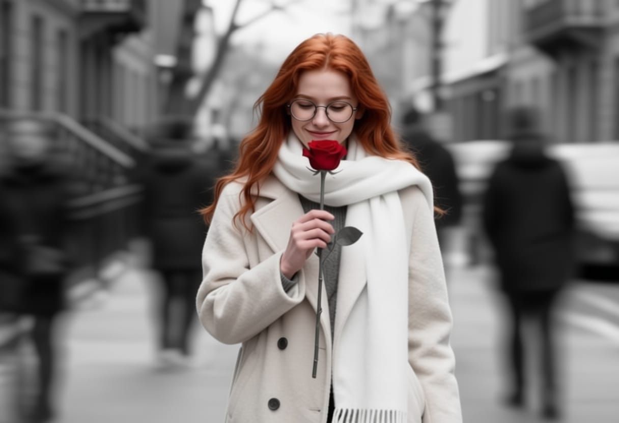 Woman in Color Splash Winter Street Scene