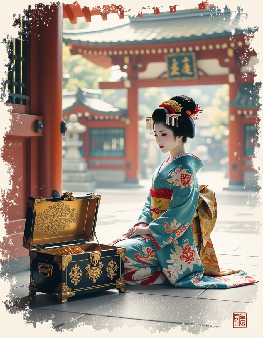 Geisha by Temple Gate with Treasure Chest