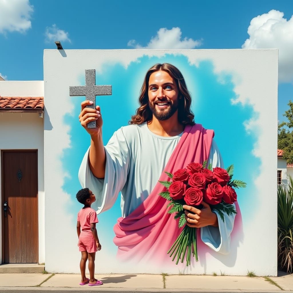 Girl Gazing at Surreal Mural of Jesus