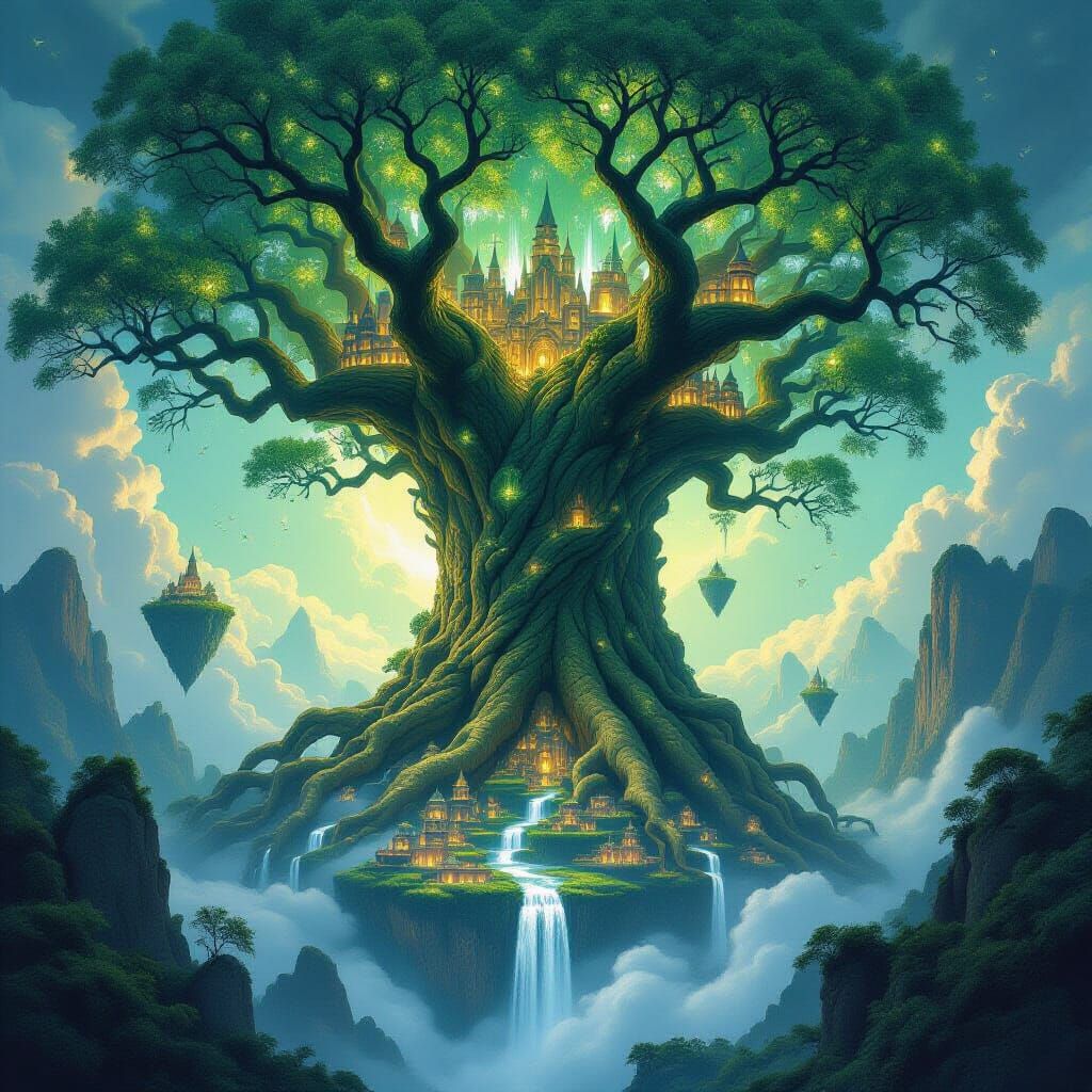 Colossal Ancient Tree With Floating Cities and Rivers