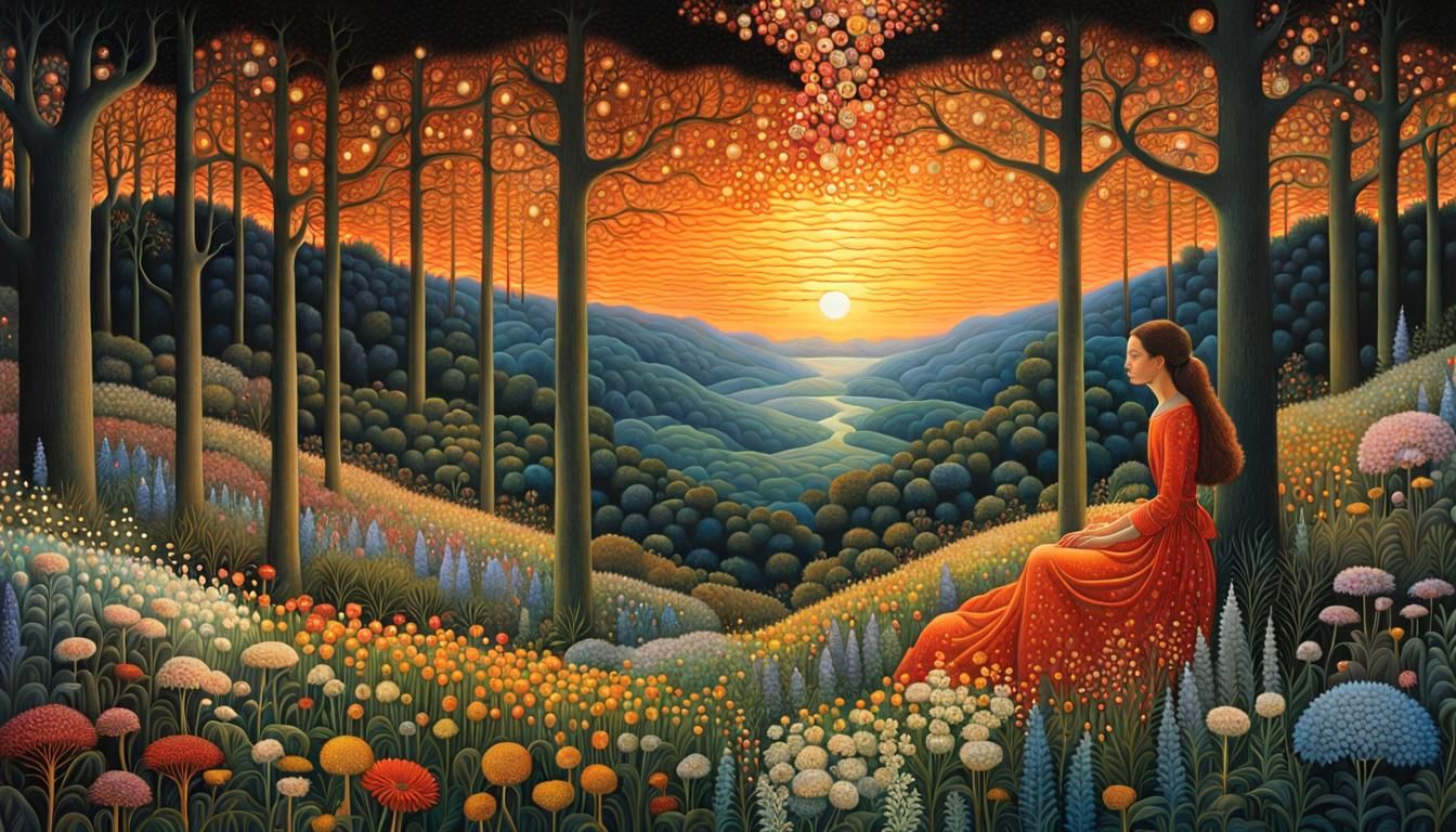 Sunset Woman in Floral Forest, Magic Realism Style