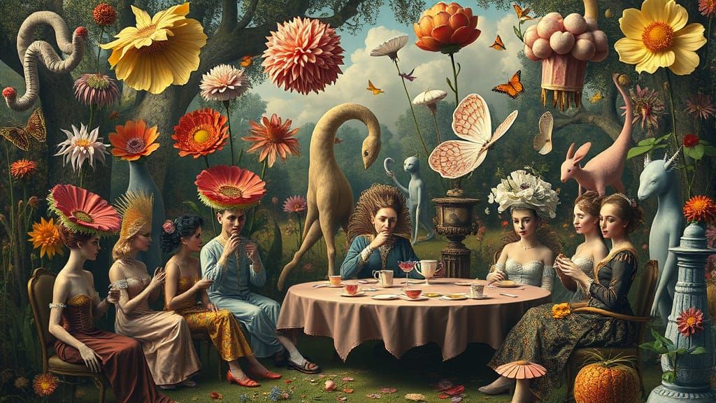 Surreal Garden Party with Towering Flowers