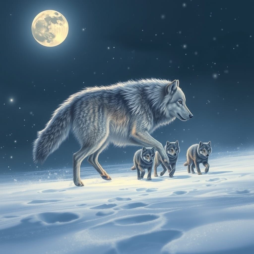 Silver Wolf Pack Runs in Snowy Moonlight