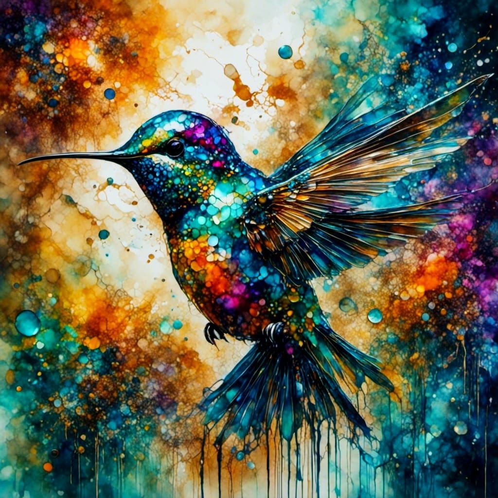 Hummingbird in Glitch Art Drip Painting Style