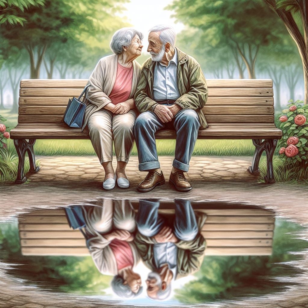 Elderly Couple's Youthful Reflection as Watercolor Art
