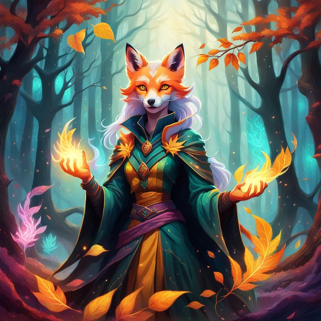 Kitsune Sorceress Casting Spell in Mystical Forest