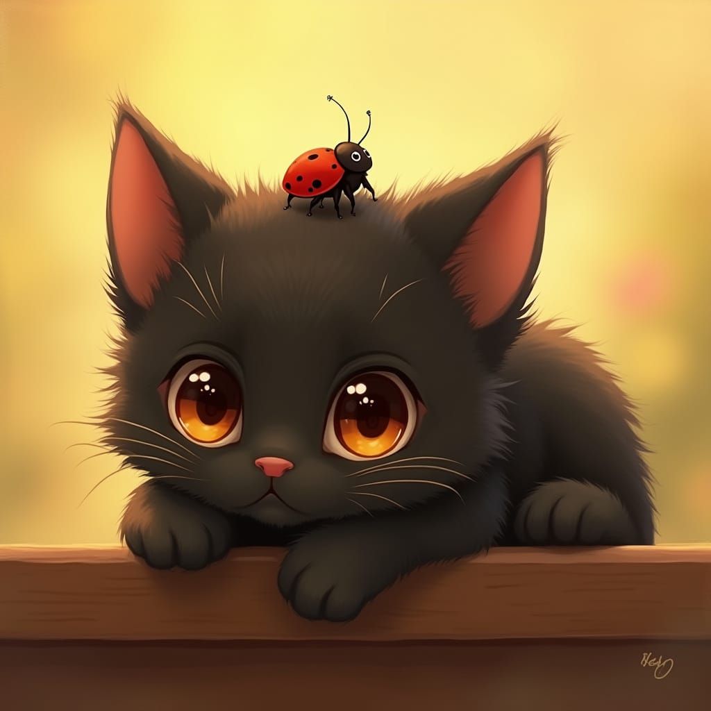 Adorable Black Kitten with Ladybug, Ghibli-Style Illustratio...